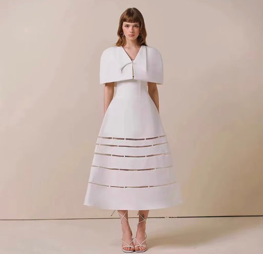 Structured White Midi Dress with Sheer Stripe Panel Skirt and Dual Strap Bodice