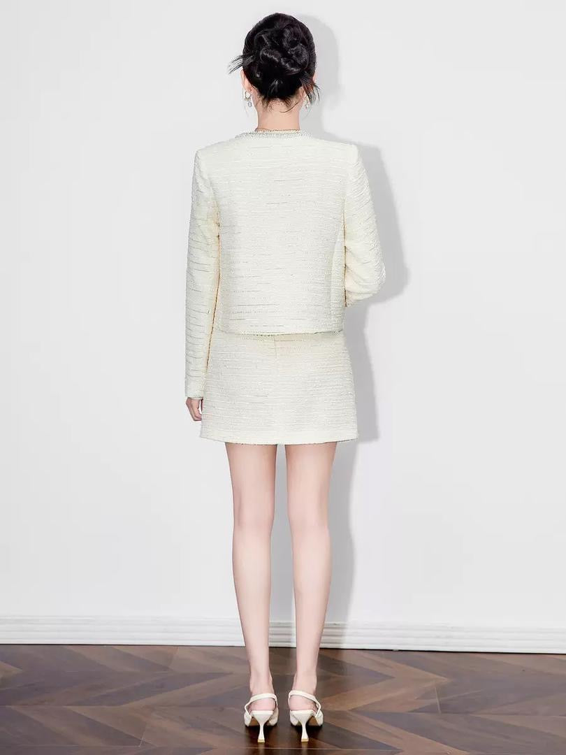 Crystal-Trim Cream Tweed Blazer & Mini Skirt Set