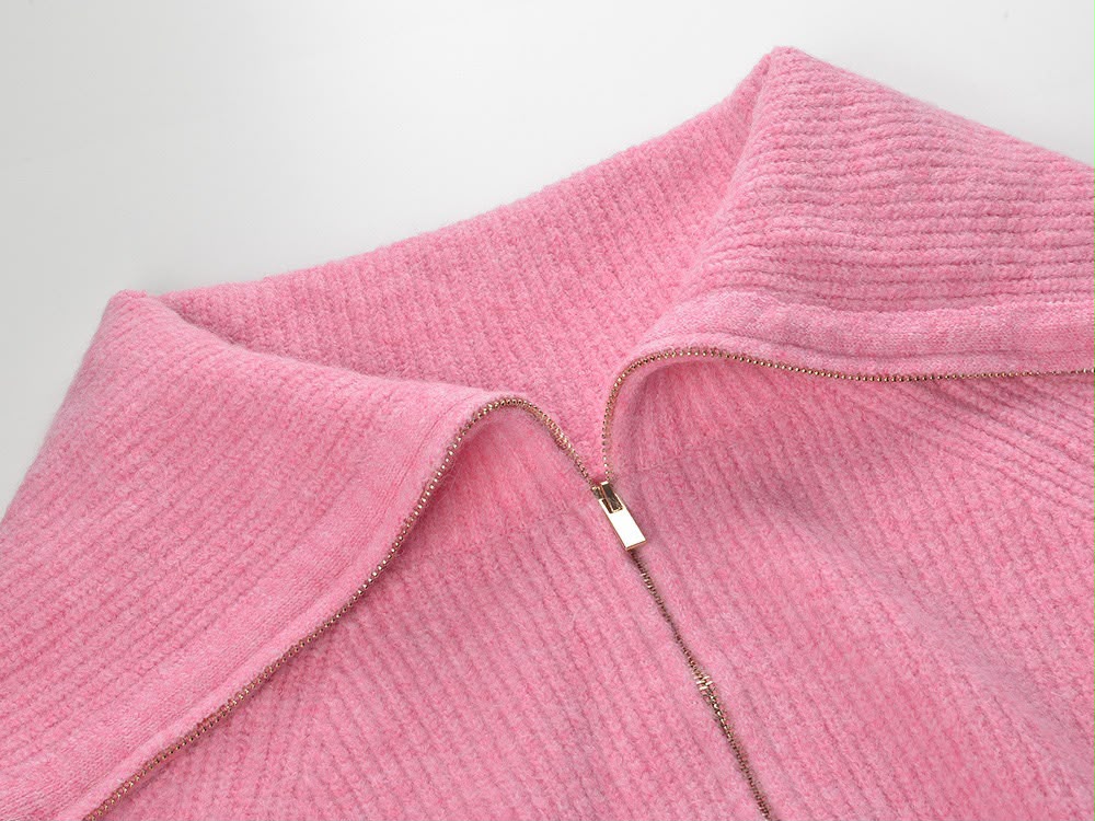 Pink Zip Collar Knit Cardigan