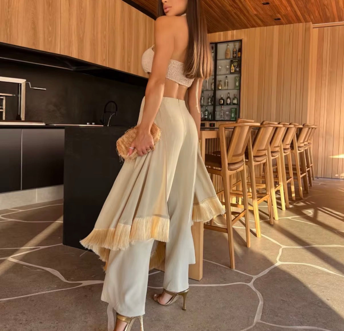 Champagne Fringe Layered Wide-Leg pants