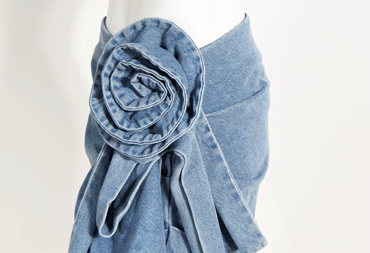 Denim Rosette Draped Mini Skirt
