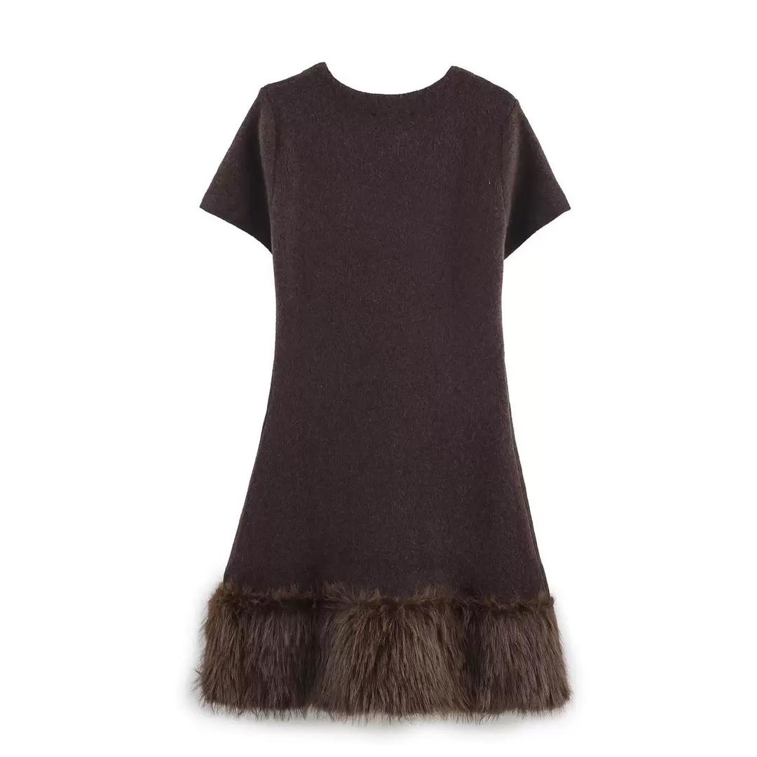 Cocoa Luxe Wool Dress with Faux Fur Hem
