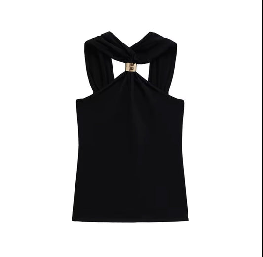 Elegant Halter Neck Top with Metallic Clasp Finish