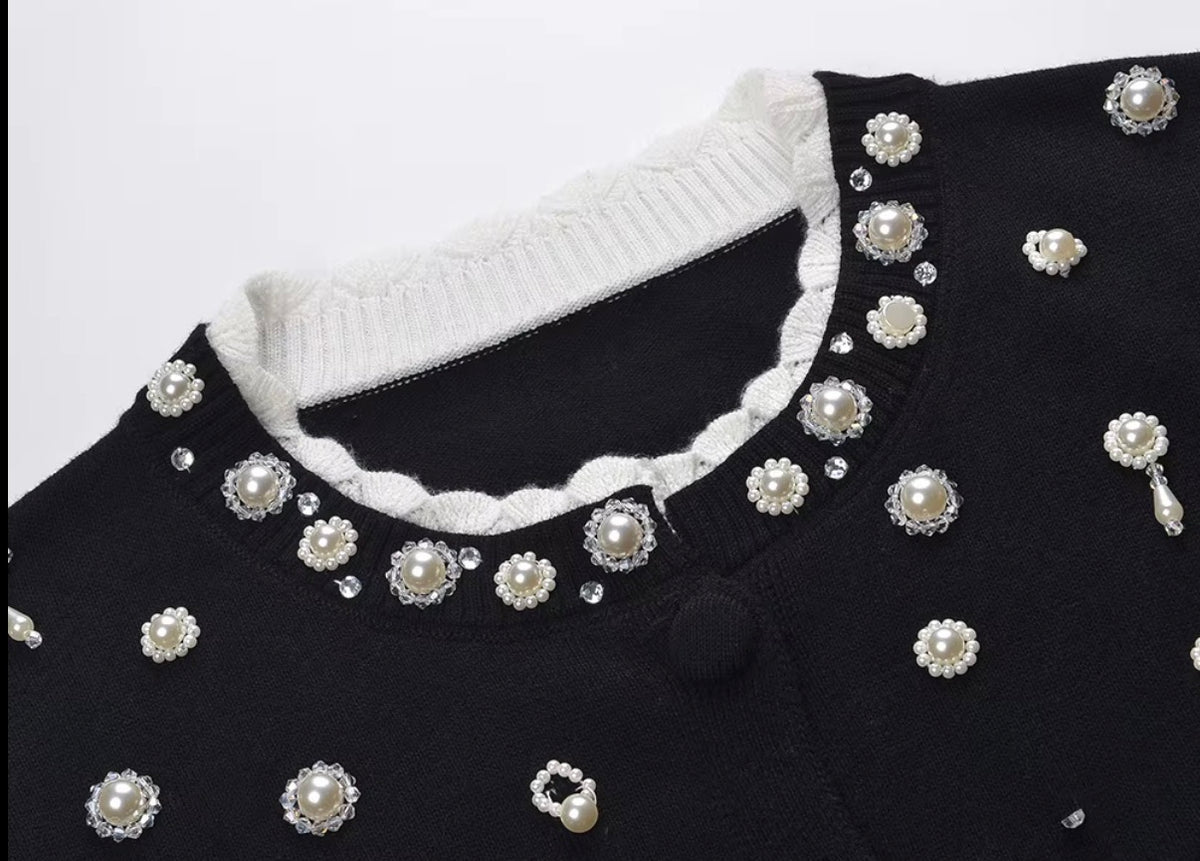 Pearl Embellished Contrast Knit Cardigan
