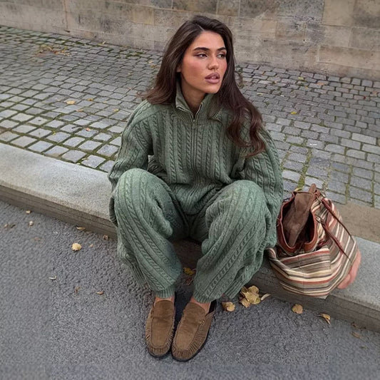 Cable Knit Zip-Up & Pants Set