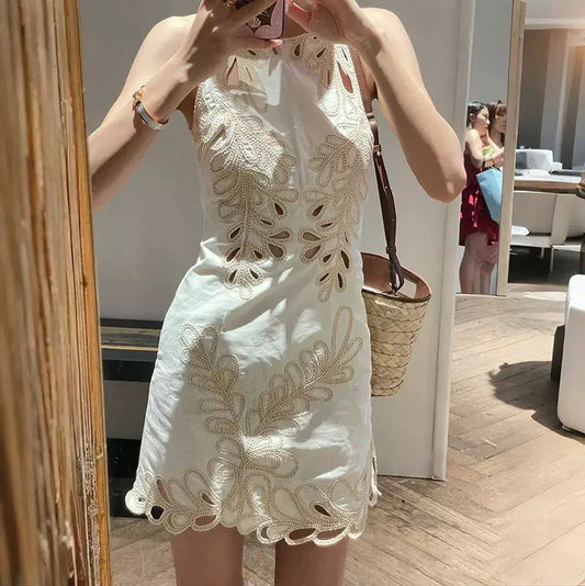 Ivory Embroidered Cutout Mini Dress