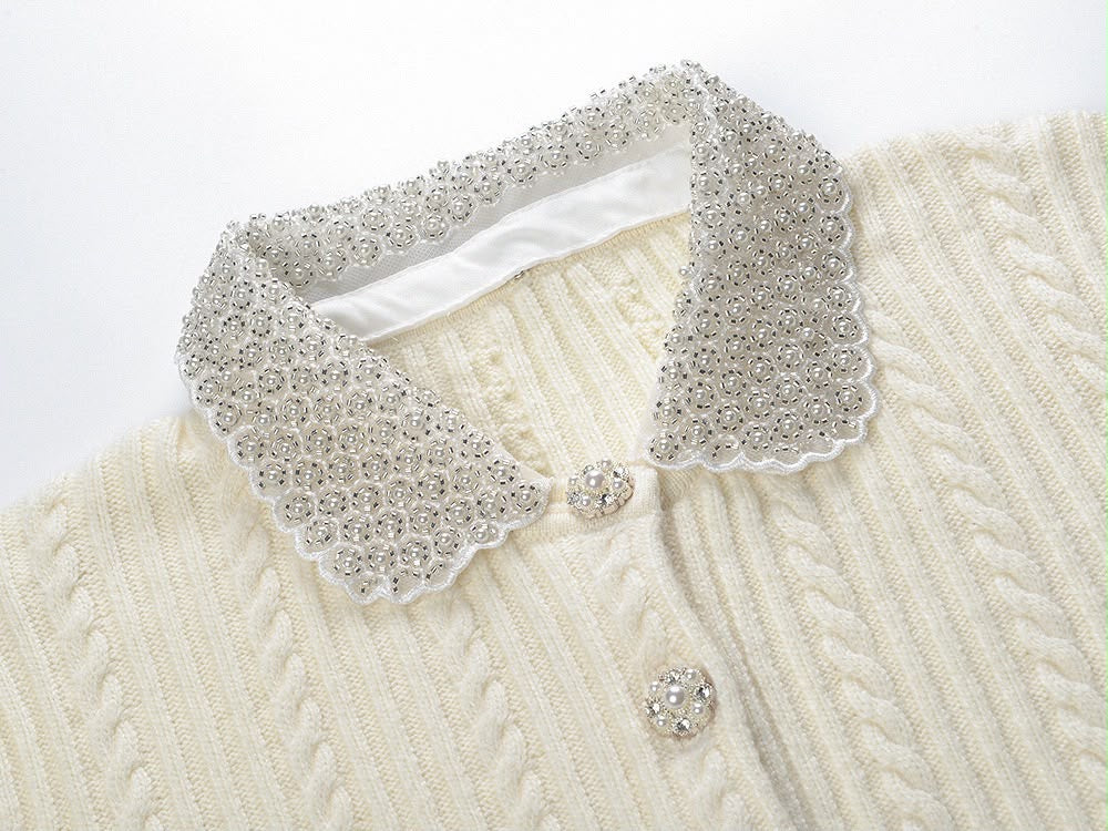 Pearl Collar Cable Knit Cardigan