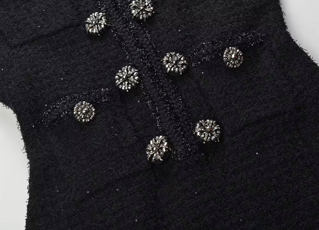 Embellished Button Tweed Mini Dress