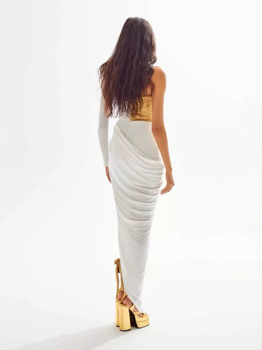 Golden Rose One-Shoulder Draped Sculptural Gown