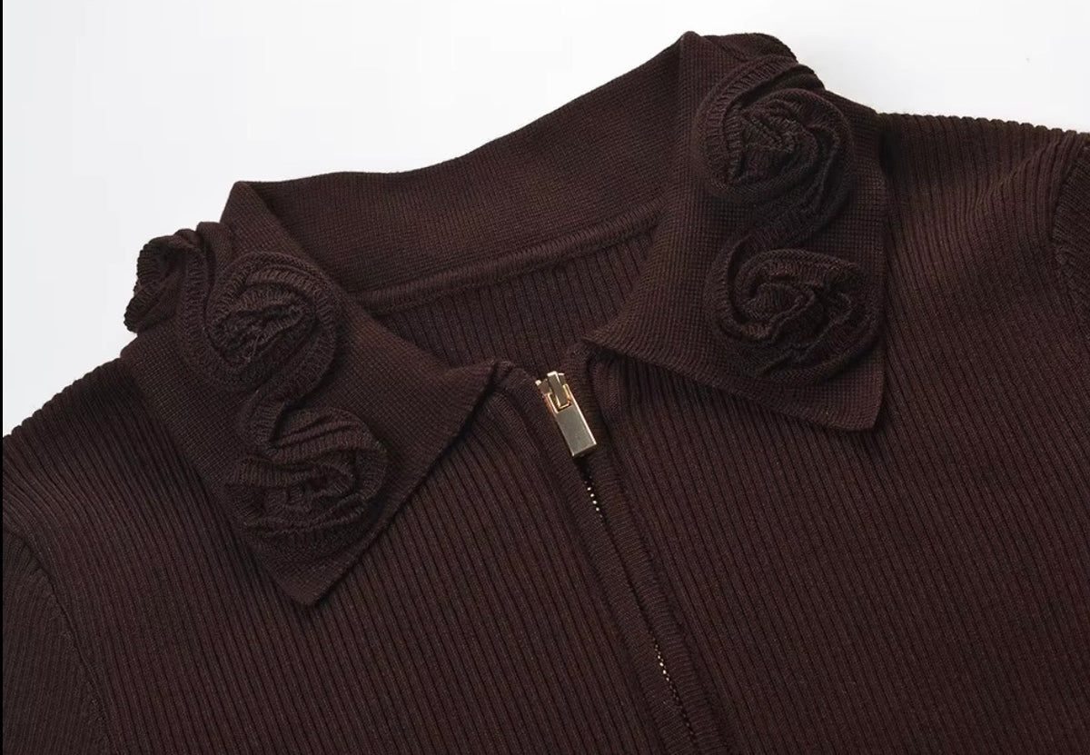 Rose Collar Zip-Up Knit Top