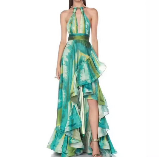Green maxi dress with open back and cascading ruffles
