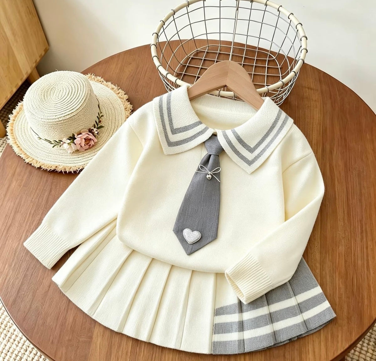 Preppy Heart Tie Knit Skirt Set