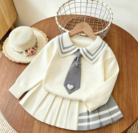 Preppy Heart Tie Knit Skirt Set
