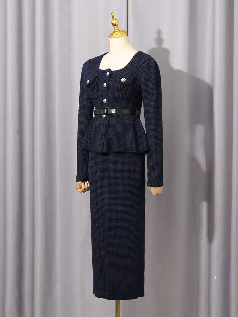 Textured Knit Peplum Cardigan & Fitted Maxi Skirt Set in Midnight Navy