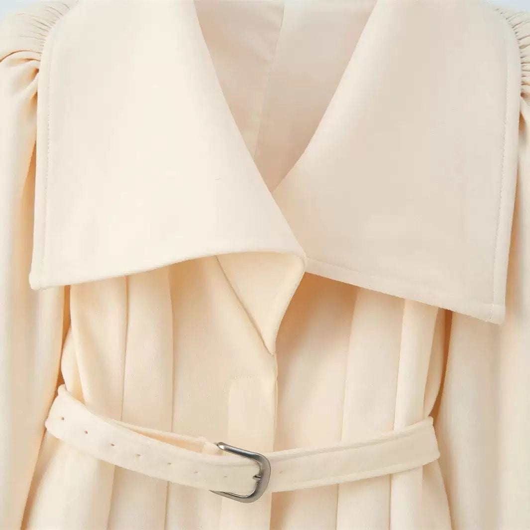 Cream Maxi Trench Coat with Oversized Collar and Belted Waist