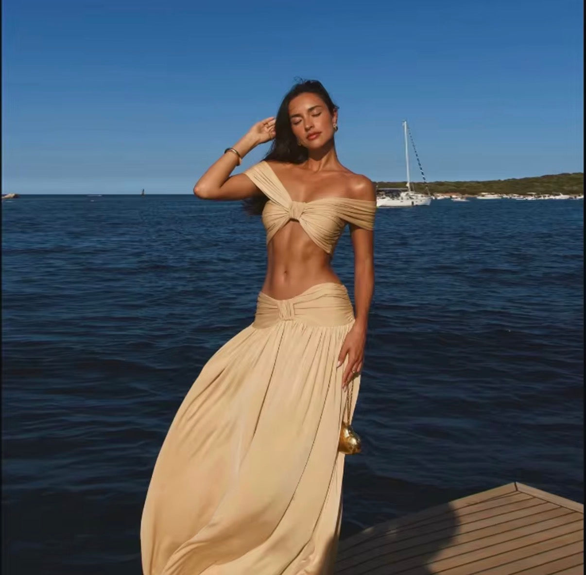 Off-Shoulder Twist Crop & Draped Maxi Skirt Set