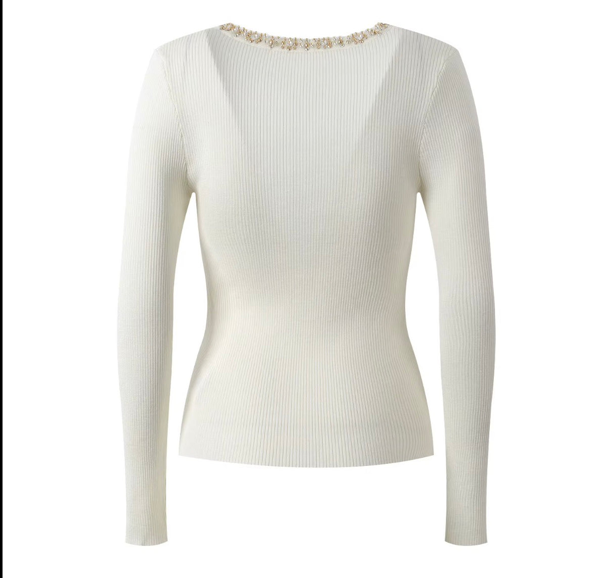 Crystal Neckline Ribbed Knit Top