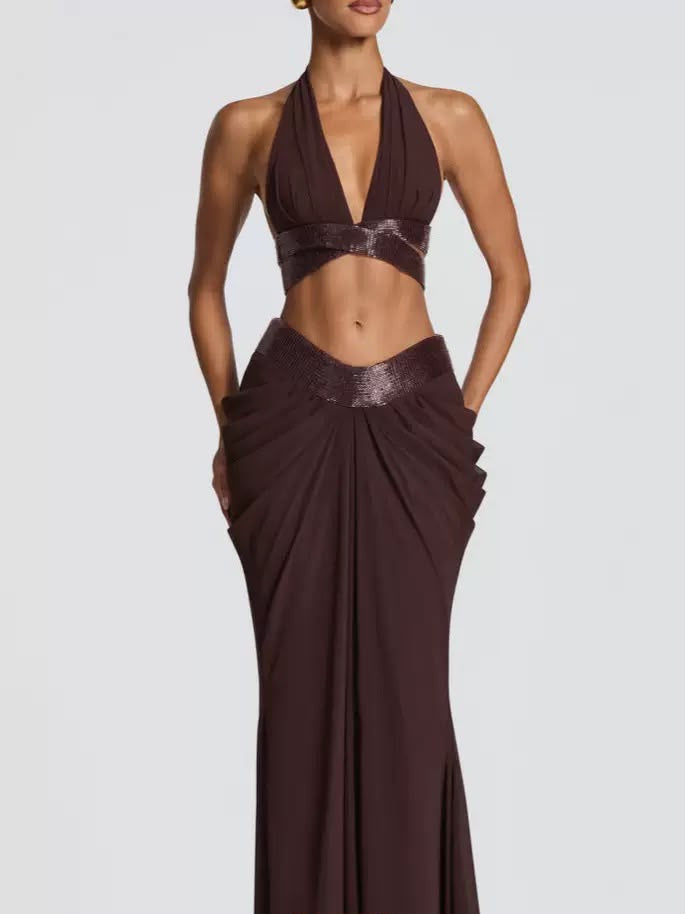 Chocolate Halter Crop Top & Draped Maxi Skirt Set ✨