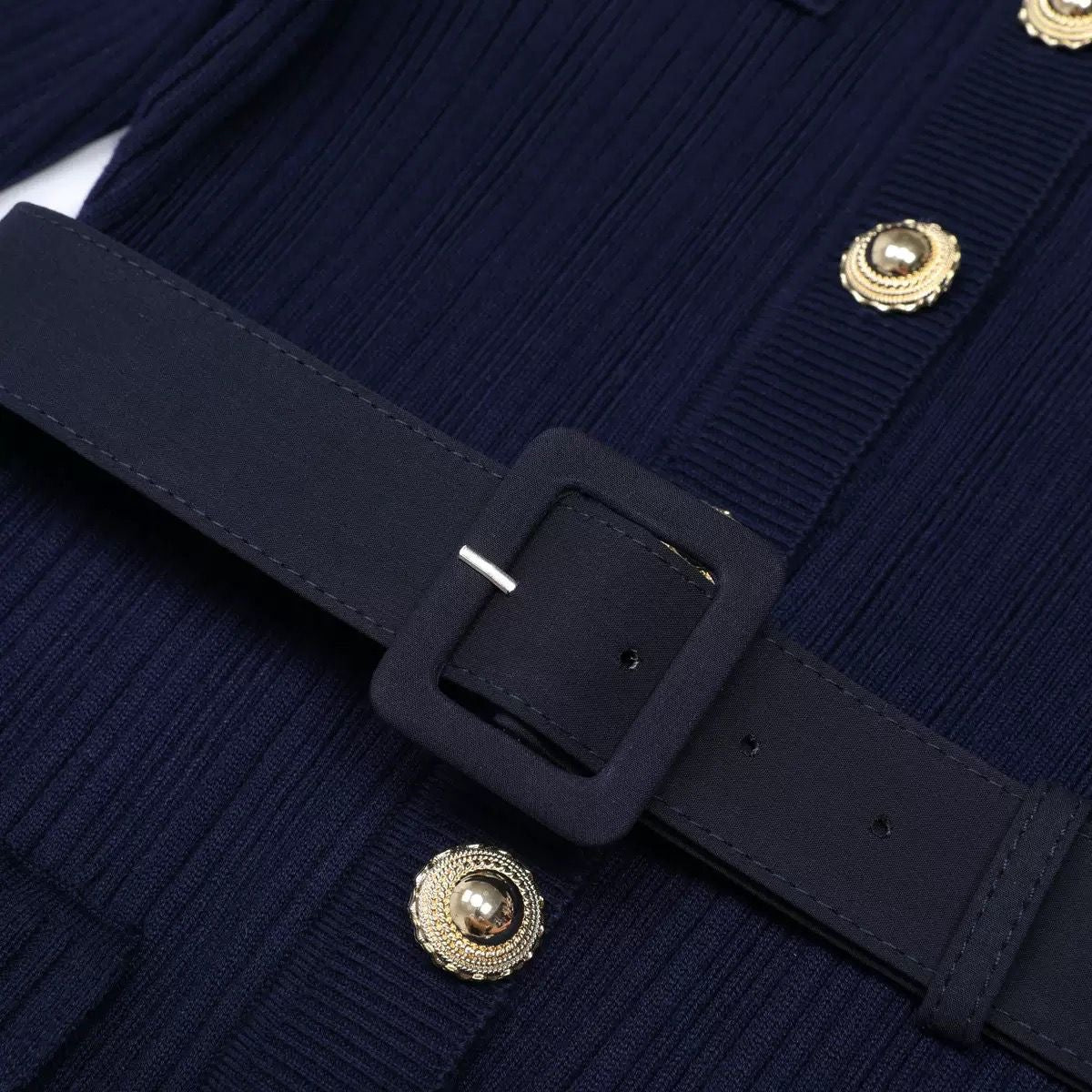 Knit Maxi Dress with Belted Waist and Gold Buttons