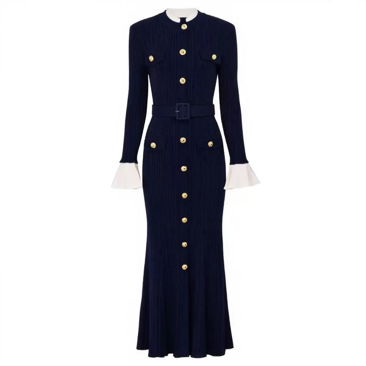 Knit Maxi Dress with Belted Waist and Gold Buttons
