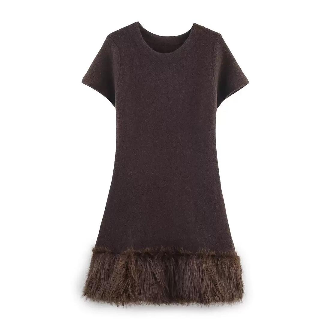 Cocoa Luxe Wool Dress with Faux Fur Hem