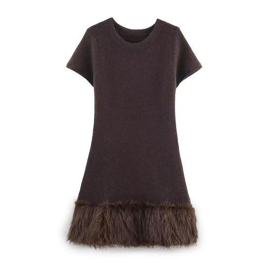 Cocoa Luxe Wool Dress with Faux Fur Hem