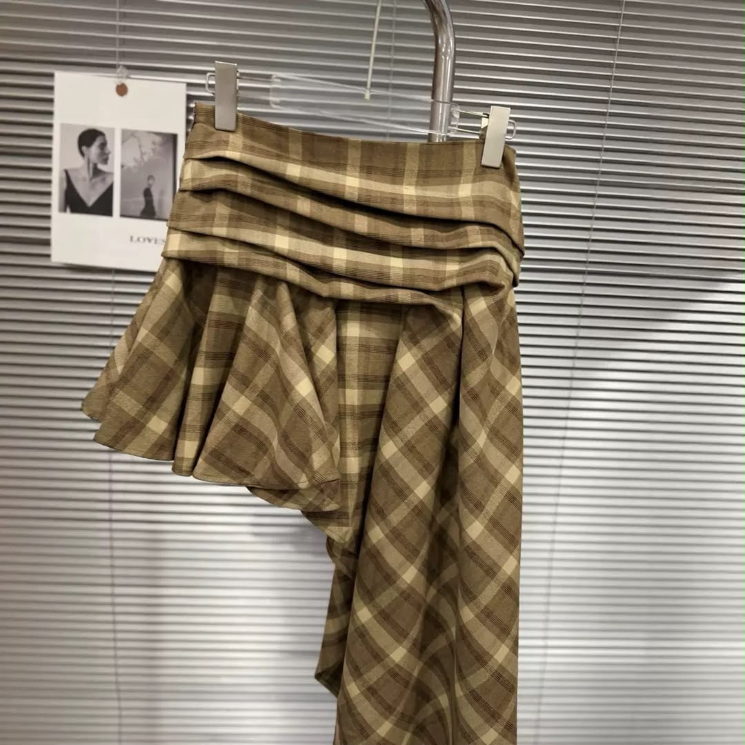 Asymmetric Plaid Draped Skirt
