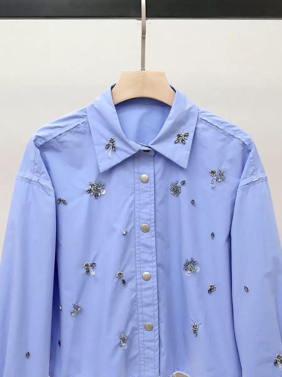 Crystal Bee Embellished Cropped Shirt – Sky Blue