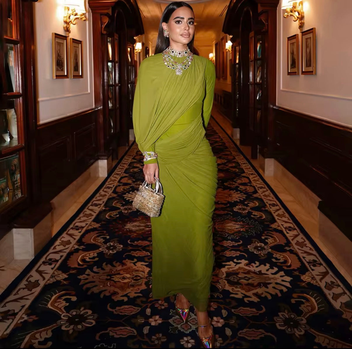 High Neck Ruched Maxi Green Dress