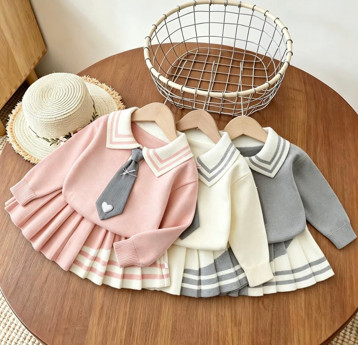 Preppy Heart Tie Knit Skirt Set