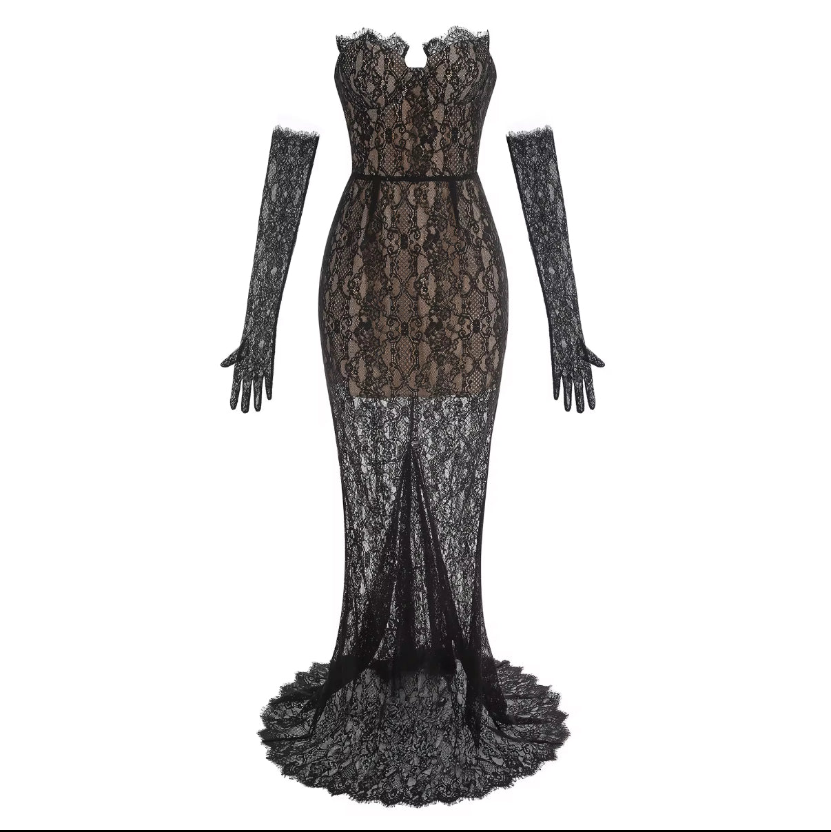 Elegant Strapless Lace Evening Dress with Matching Long Gloves