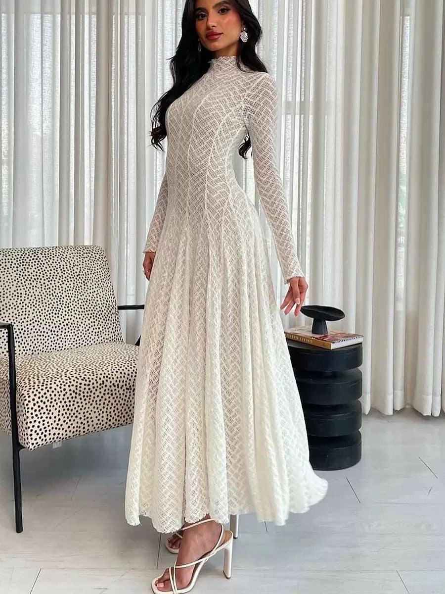 Ethereal Lace High-Neck Long-Sleeve Maxi Dress