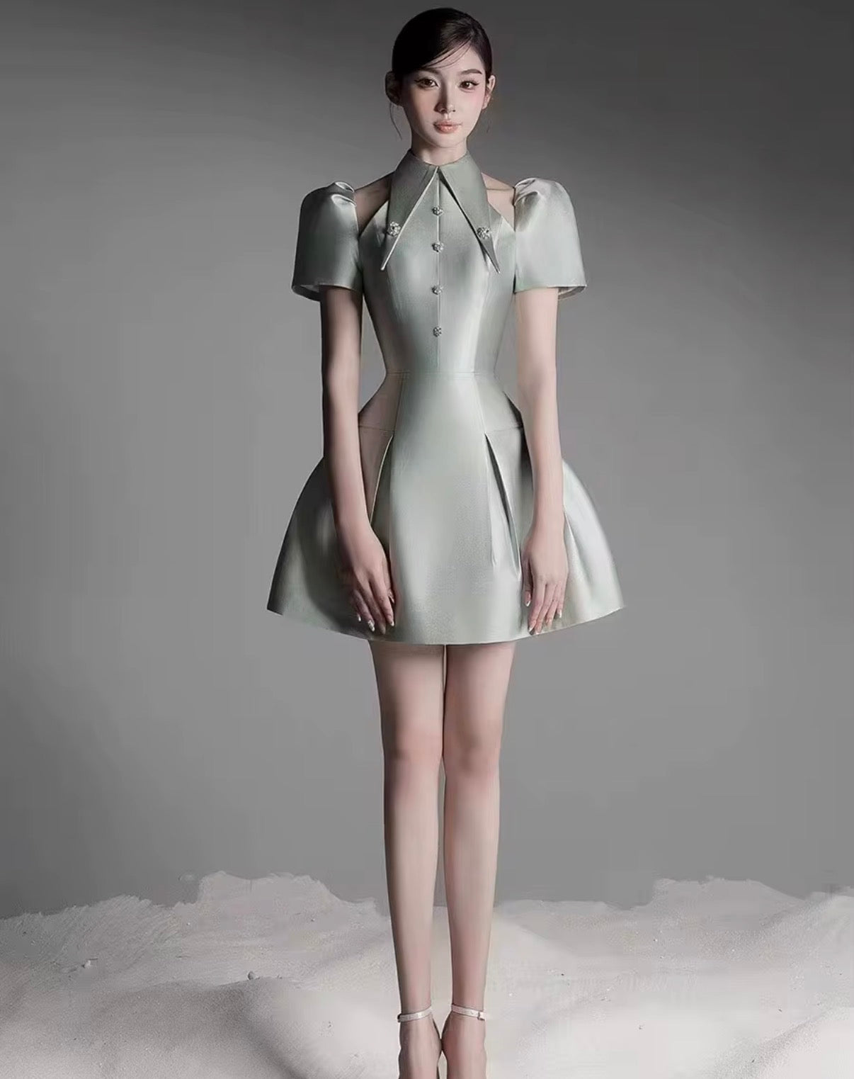Elegant Sculpted Mini Dress with Statement Collar, Crystal Buttons, and Structured Puff Sleeves