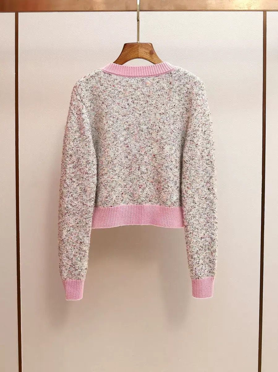 Soft Blush Tweed Knit Cardigan with Pink Trim & Crystal Buttons