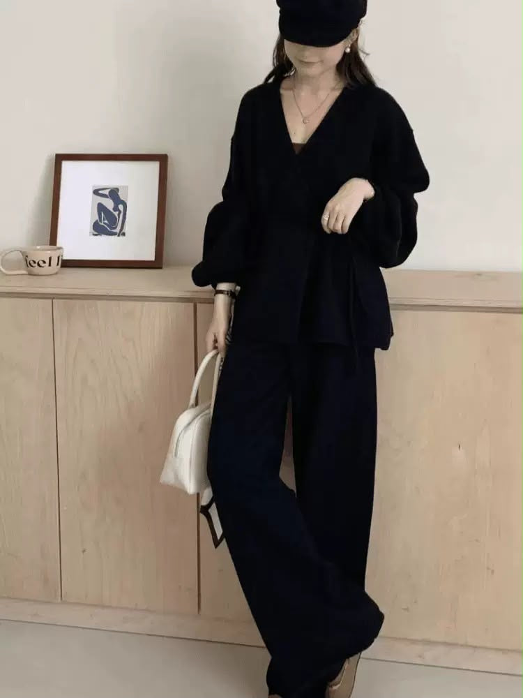 Wrap Knit Cardigan & Wide-Leg Pants Set
