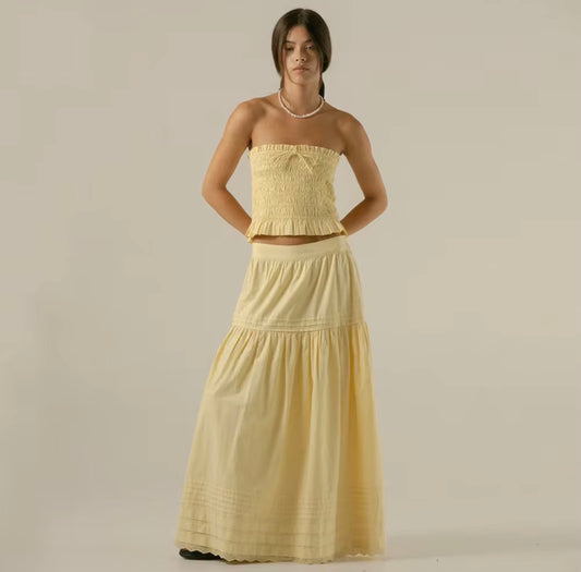 Butter Yellow Smocked Strapless Maxi Set