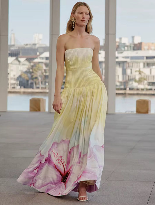 Yellow strapless maxi dress with pink floral hem