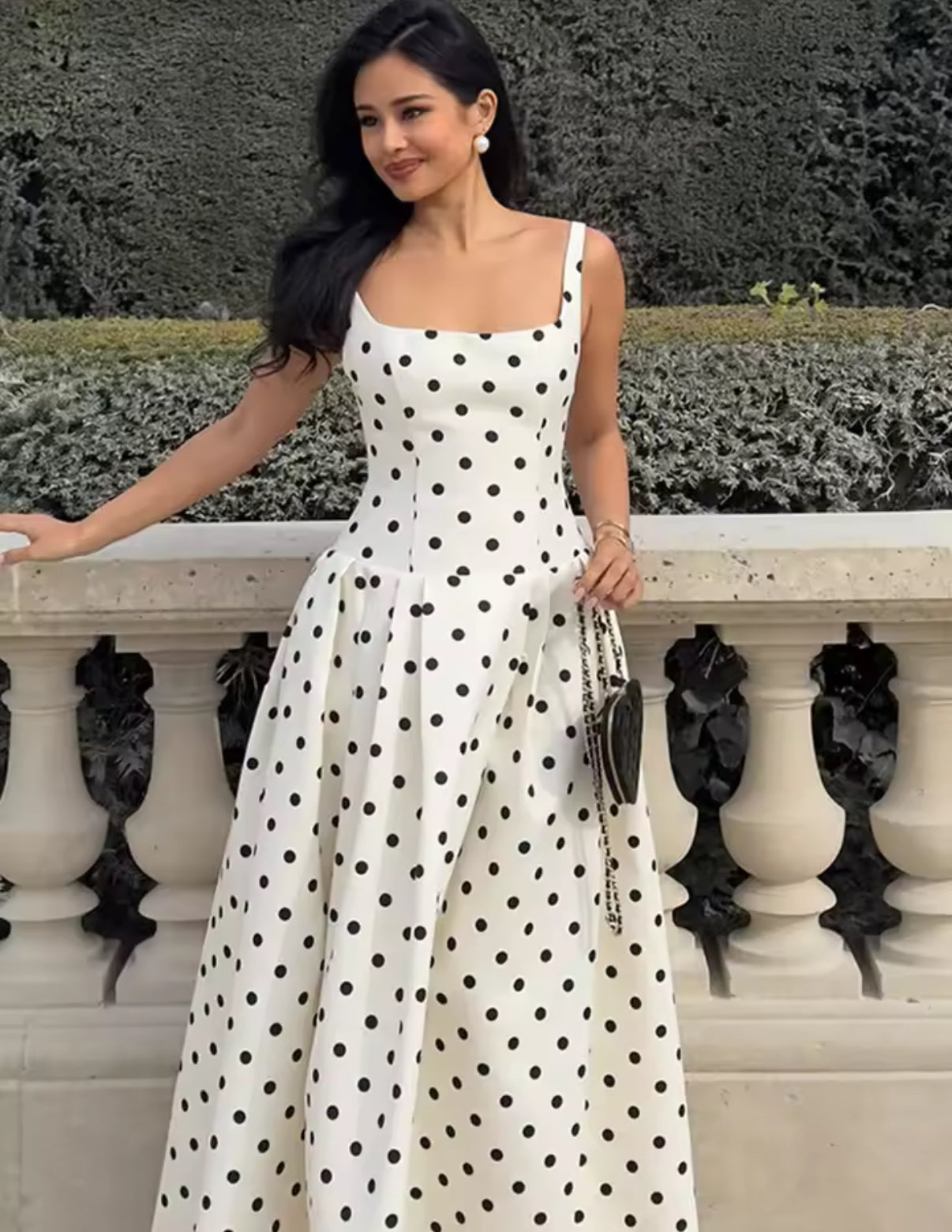 White A-line maxi dress with black polka dots