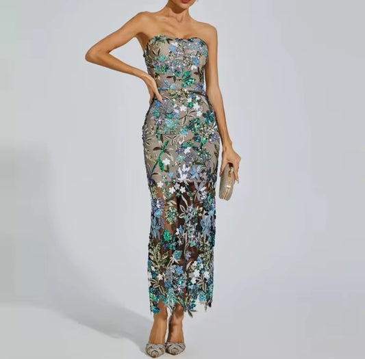 Strapless Embroidered Floral Mesh Dress
