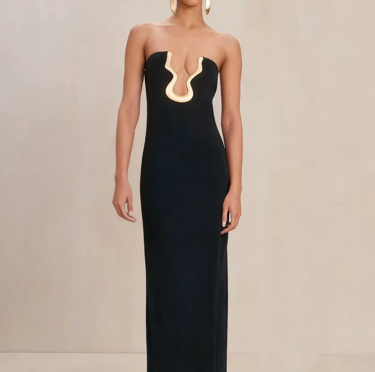 Strapless black column dress with metallic accent detail