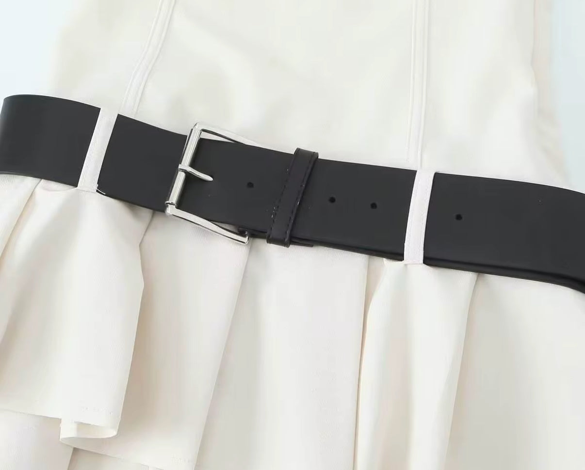 Sleeveless Mini Dress with Tiered Hem and Belt