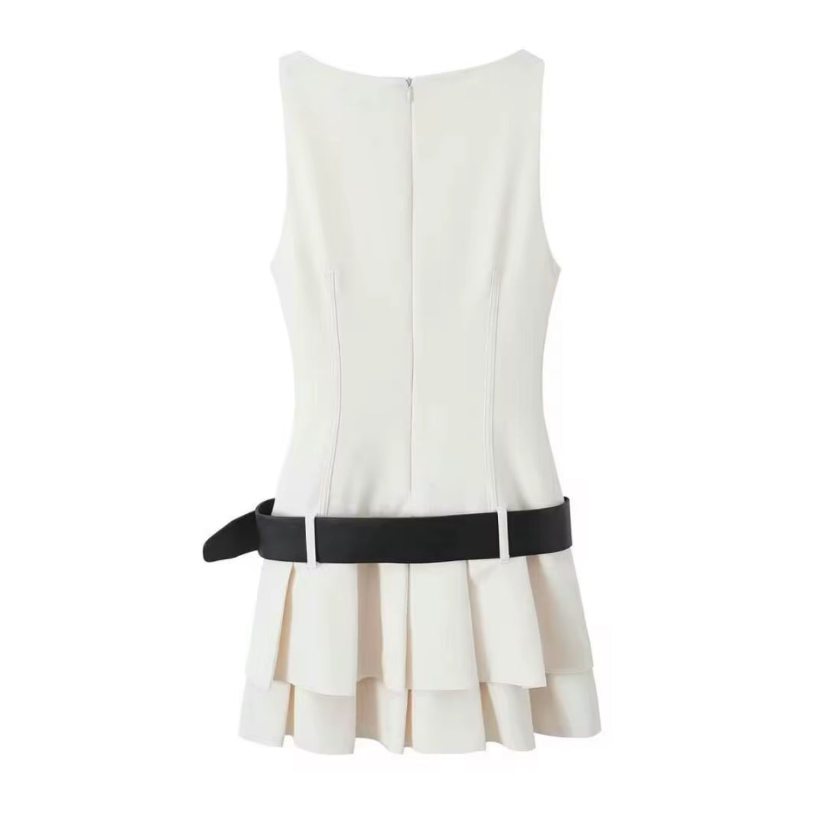 Sleeveless Mini Dress with Tiered Hem and Belt