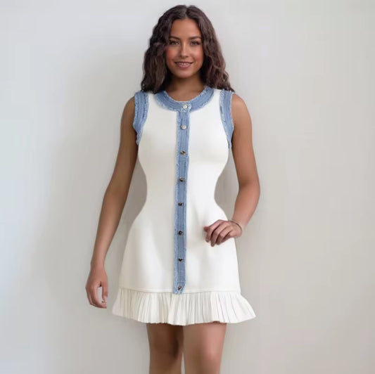 Sleeveless Button-Front Mini Dress with Denim Trim