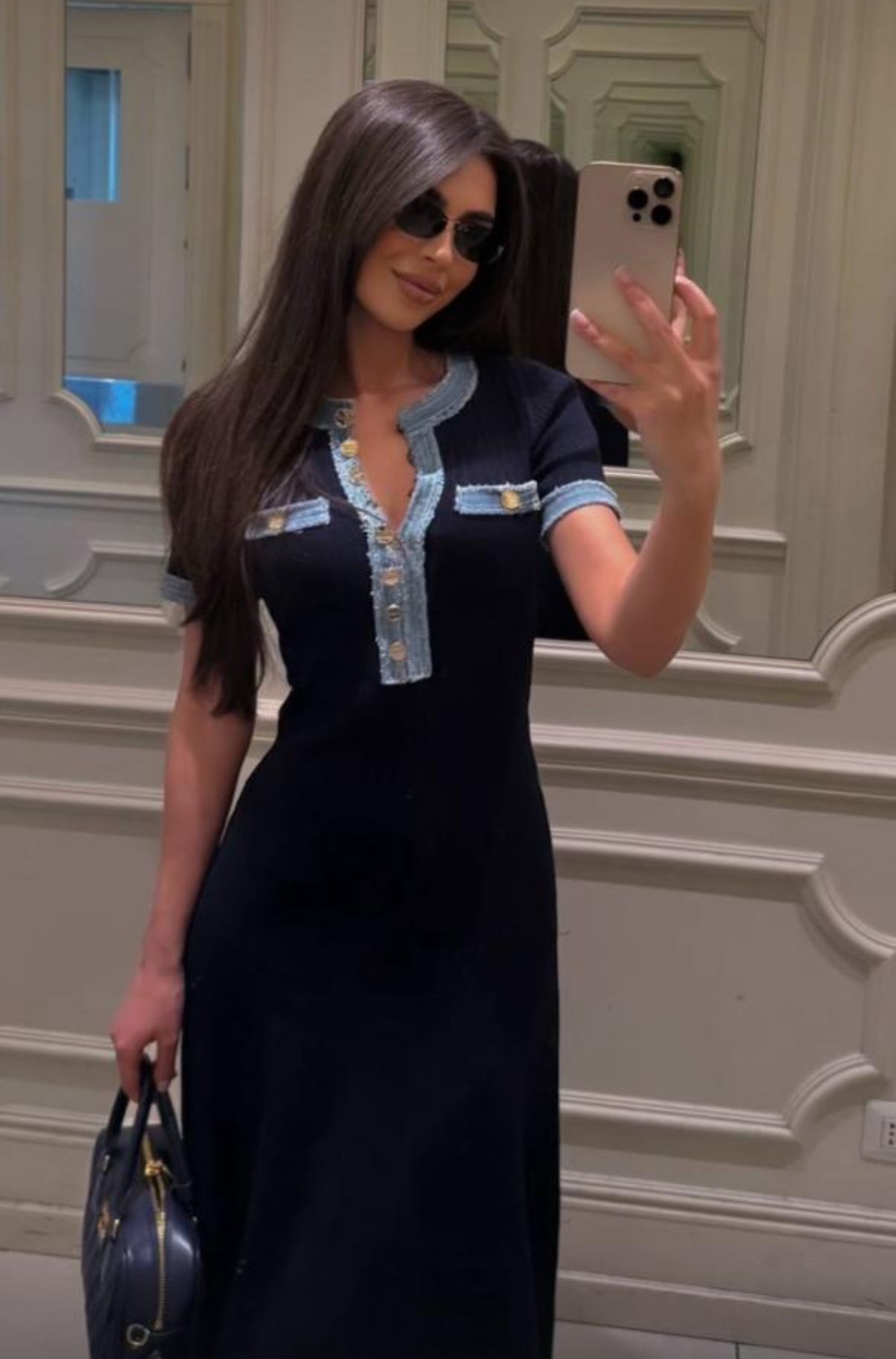 Ribbed Maxi Dress with Denim-Trimmed Collar