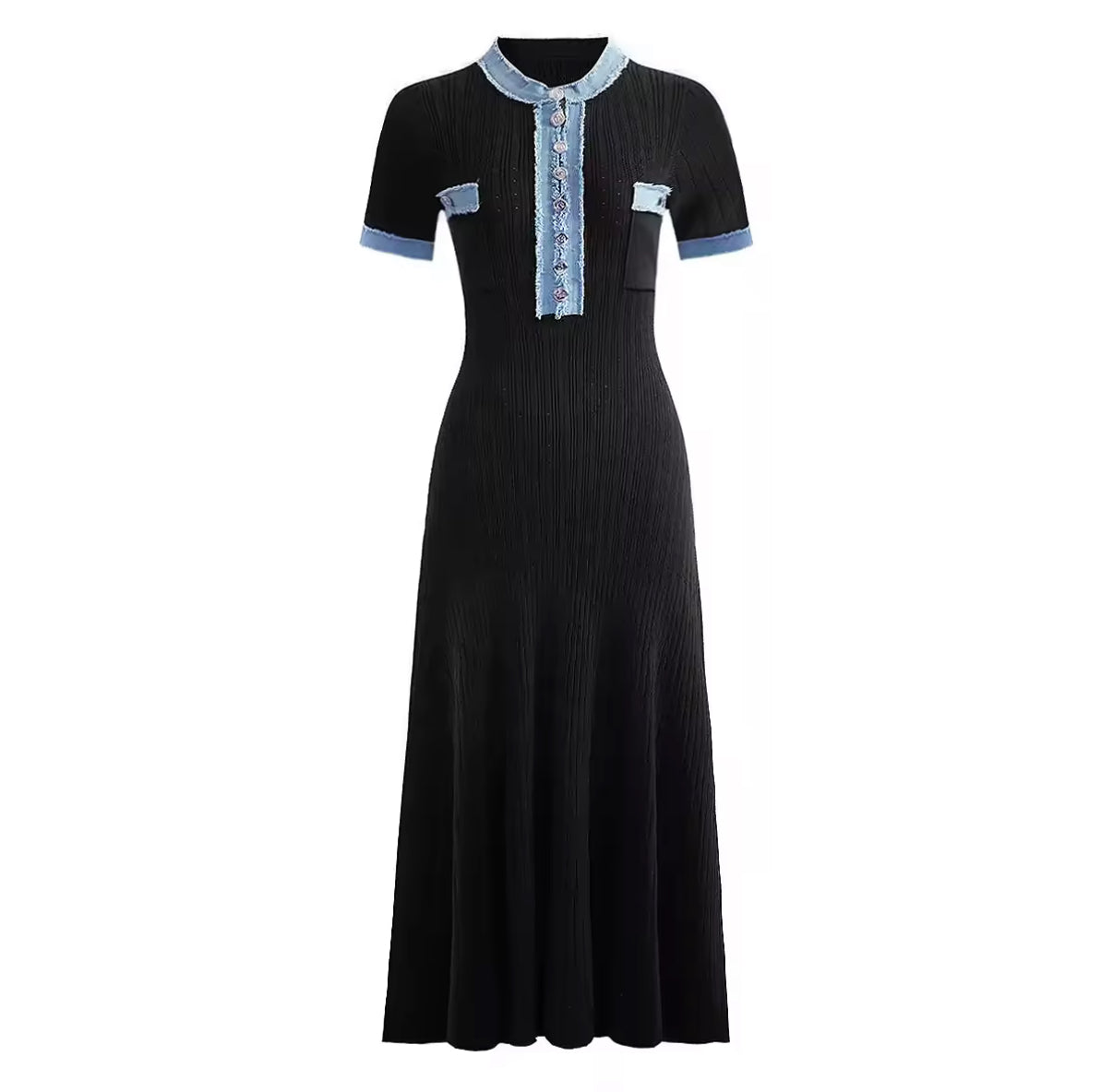 Ribbed Maxi Dress with Denim-Trimmed Collar