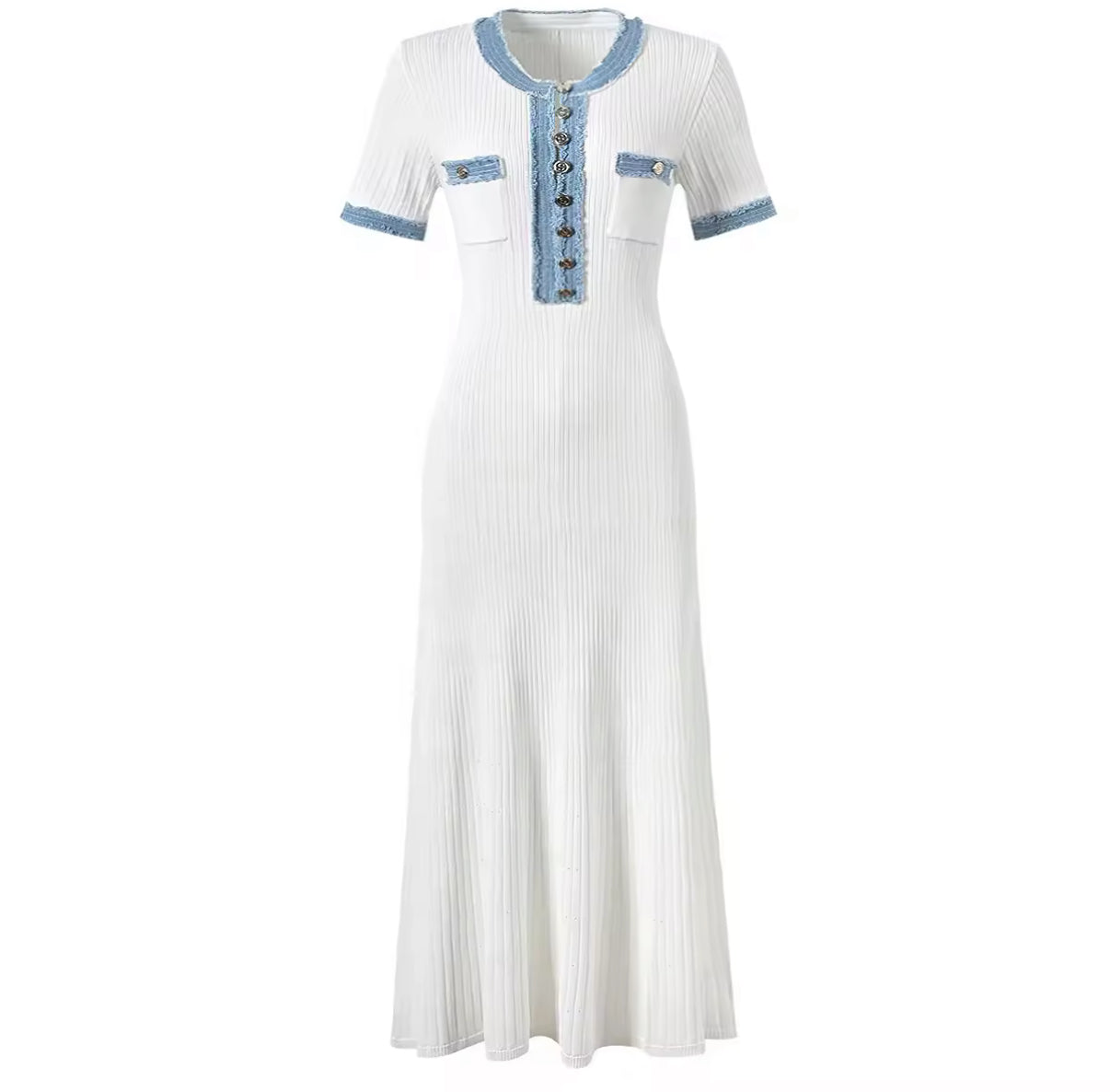 Ribbed Maxi Dress with Denim-Trimmed Collar