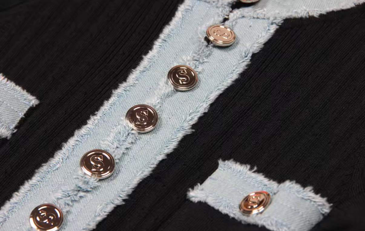 Ribbed Maxi Dress with Denim-Trimmed Collar