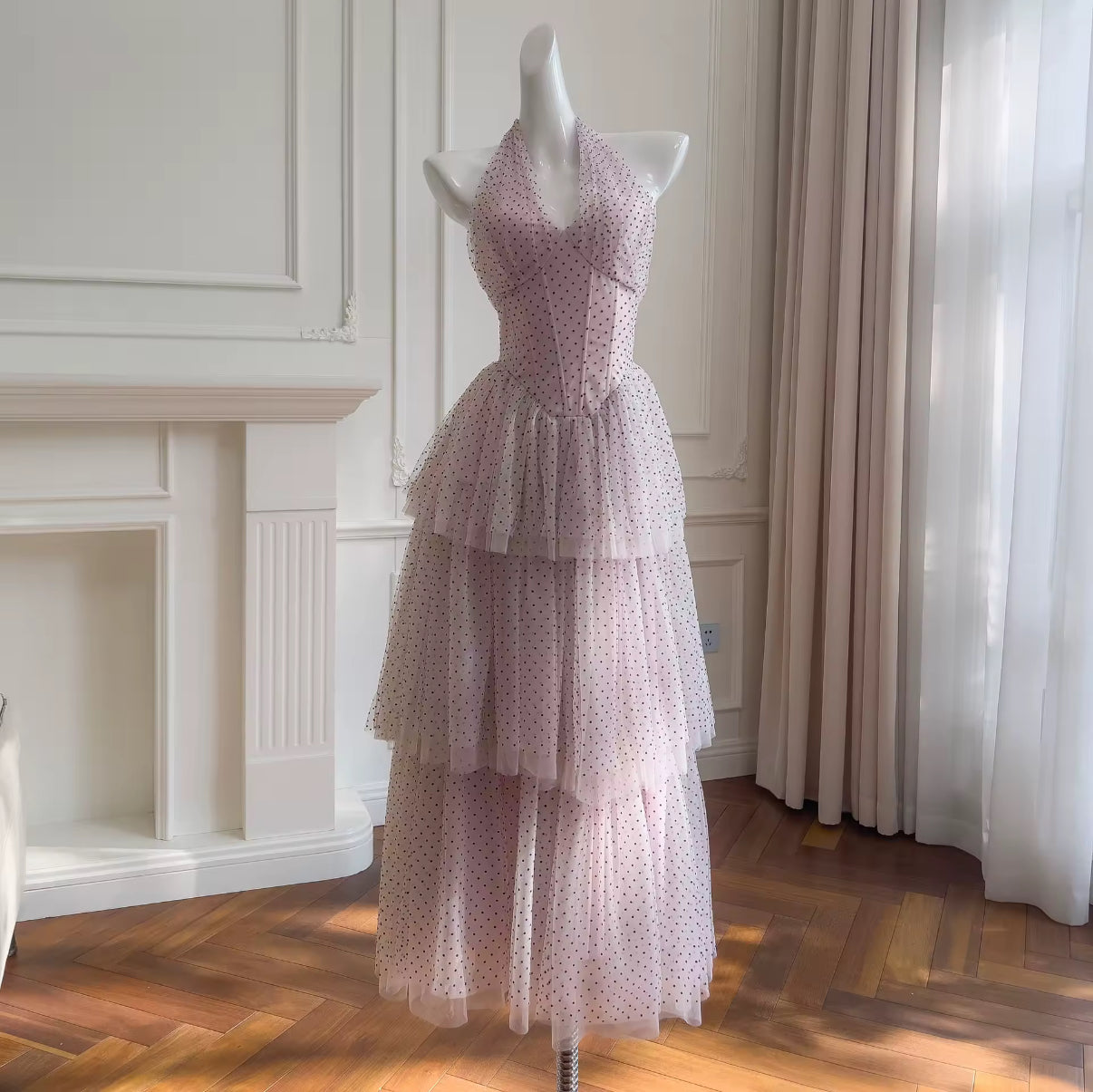 Retro Polka Dot Gown with Ruffled Skirt