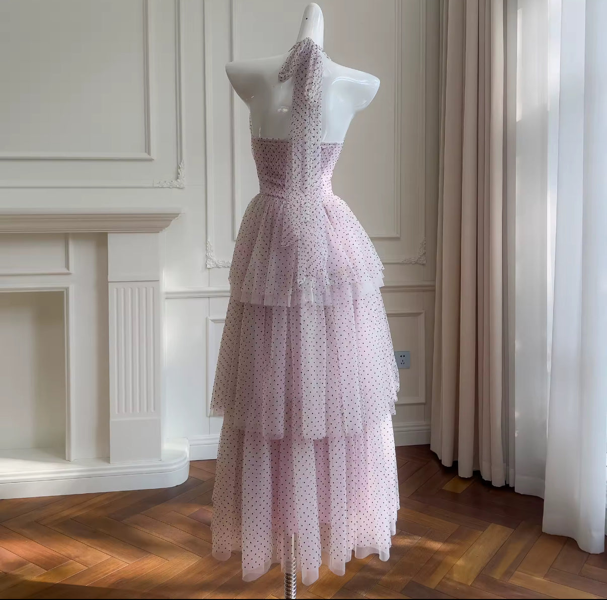 Retro Polka Dot Gown with Ruffled Skirt