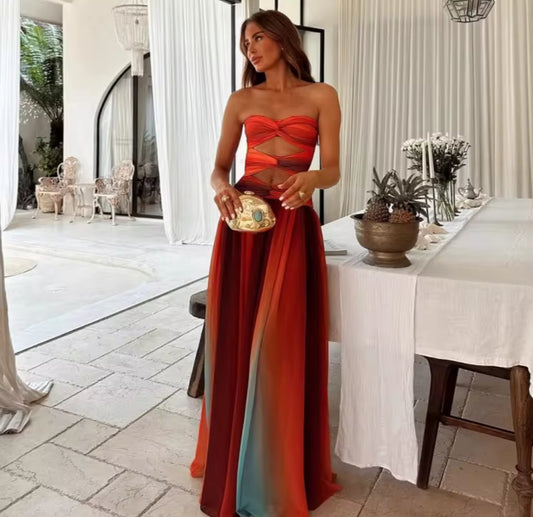 Rainbow-inspired strapless evening dress